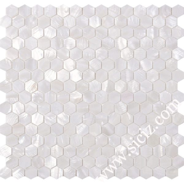 white hexagonal mother of pearl mosaic tile