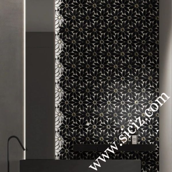 shiny black floral stainless steel mosaic tile