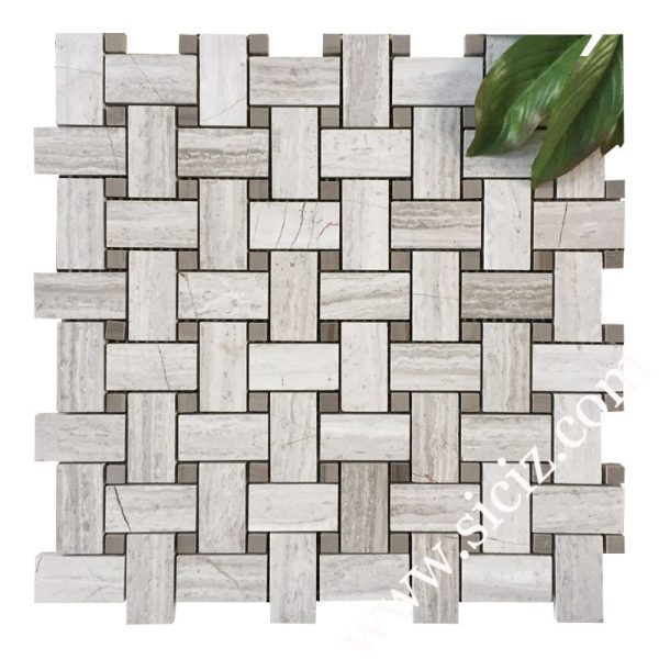 grey wood grain basket-wave mosaic tile