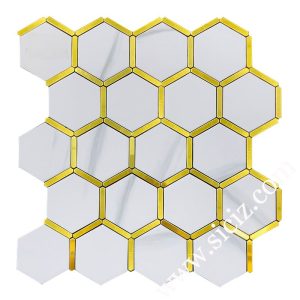 white hexagonal marble mosaic tile with golden metal frame